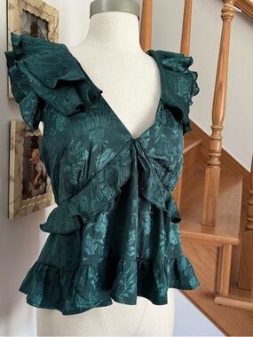 Francesca's Forest Green Flutter Sleeve Satin Blouse with Tie Back